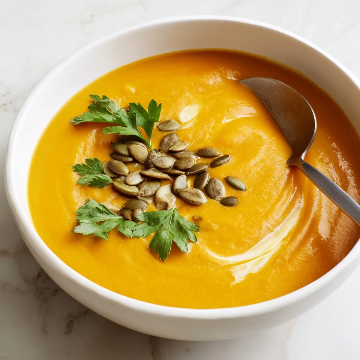 Steaming bowl of Butternut Squash and Apple Soup garnished with pumpkin seeds.