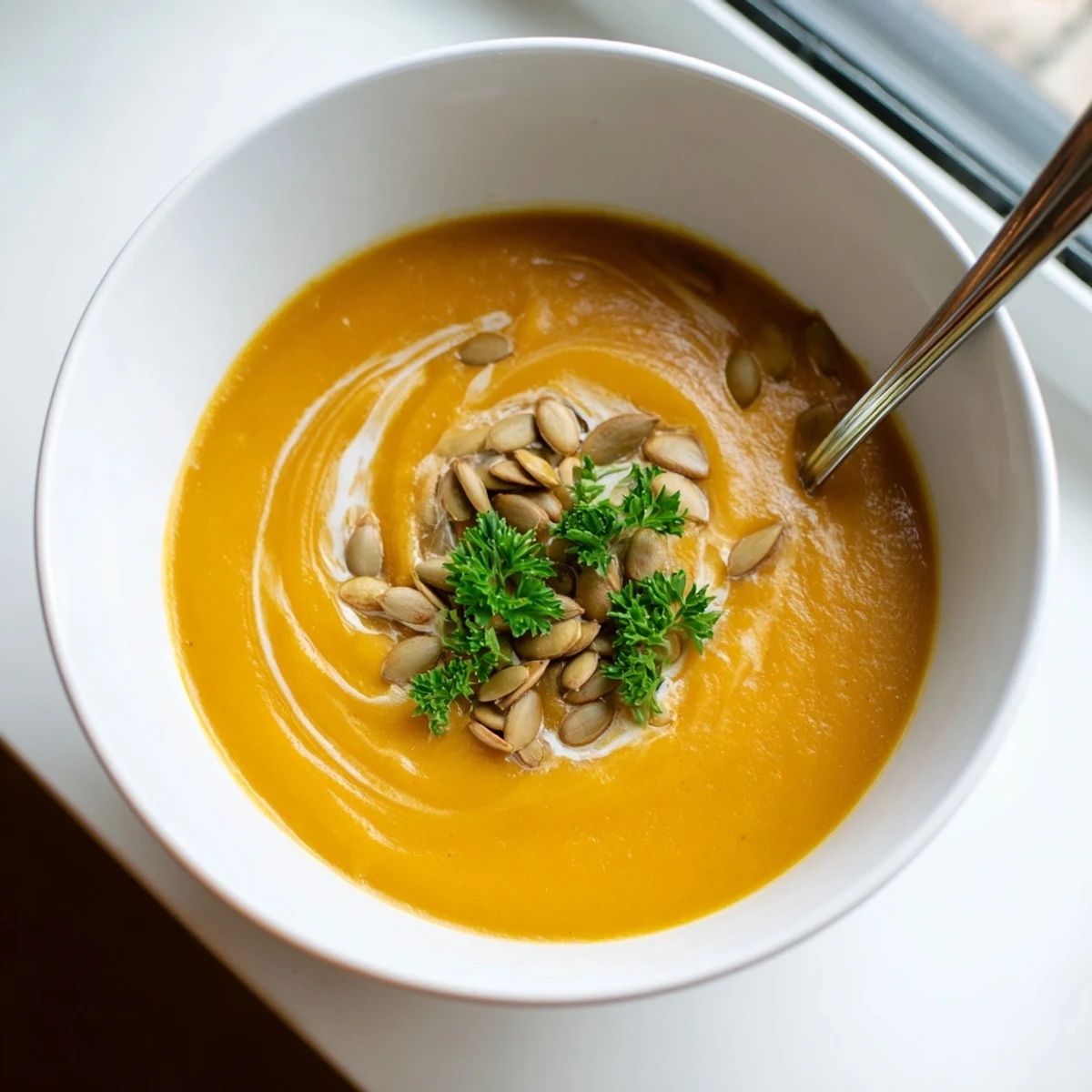 Butternut Squash and Apple Soup topped with fresh parsley and a drizzle of cream.
