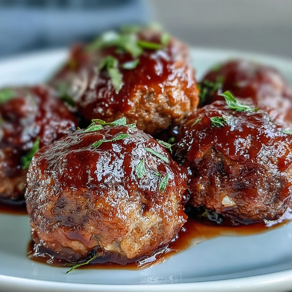 Slow Cooker Peach Glazed Meatballs simmering in a rich, tangy sauce in a black slow cooker, garnished with fresh thyme for a party appetizer.