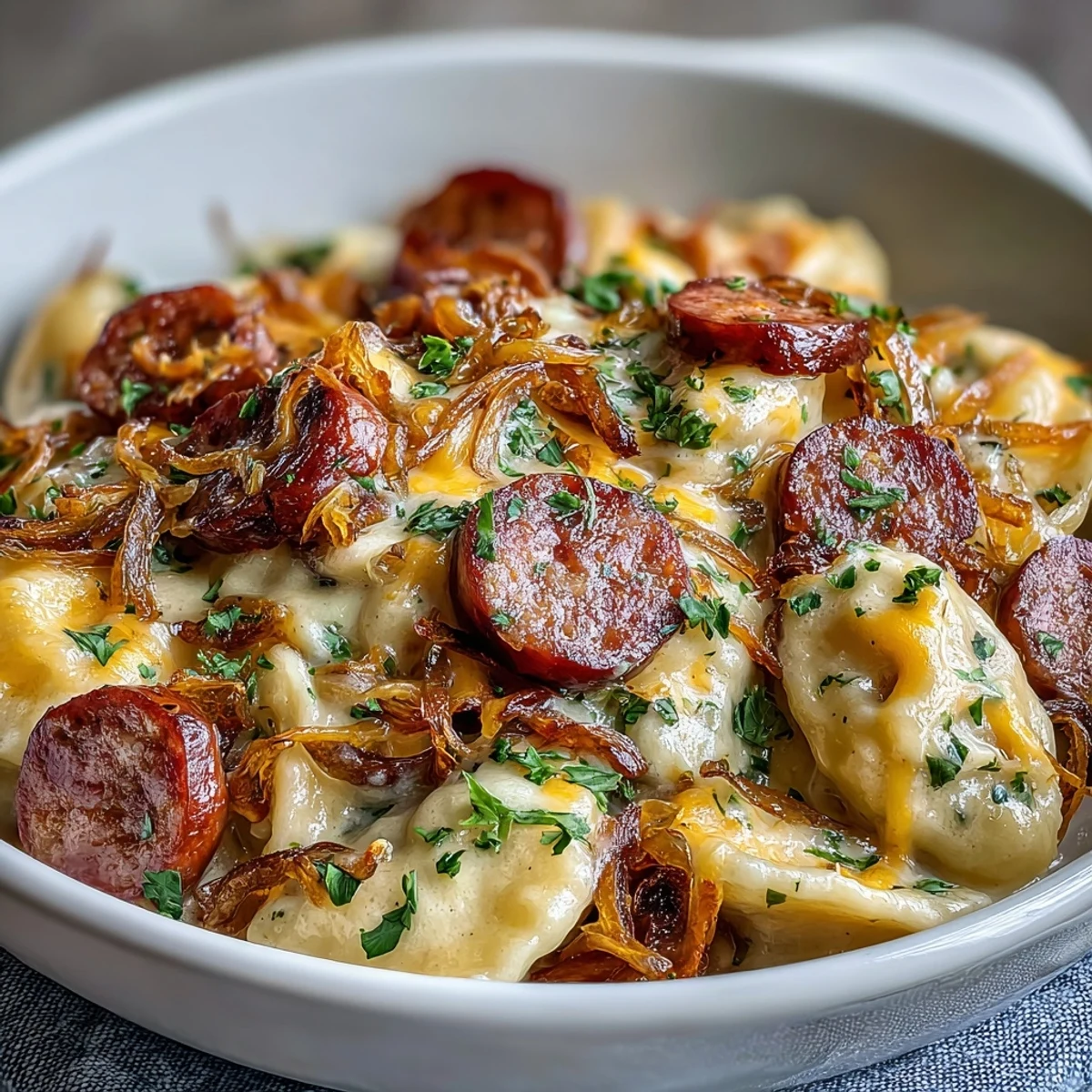 Savory slices of kielbasa nestle between soft potato and cheese pierogi in this creamy casserole.