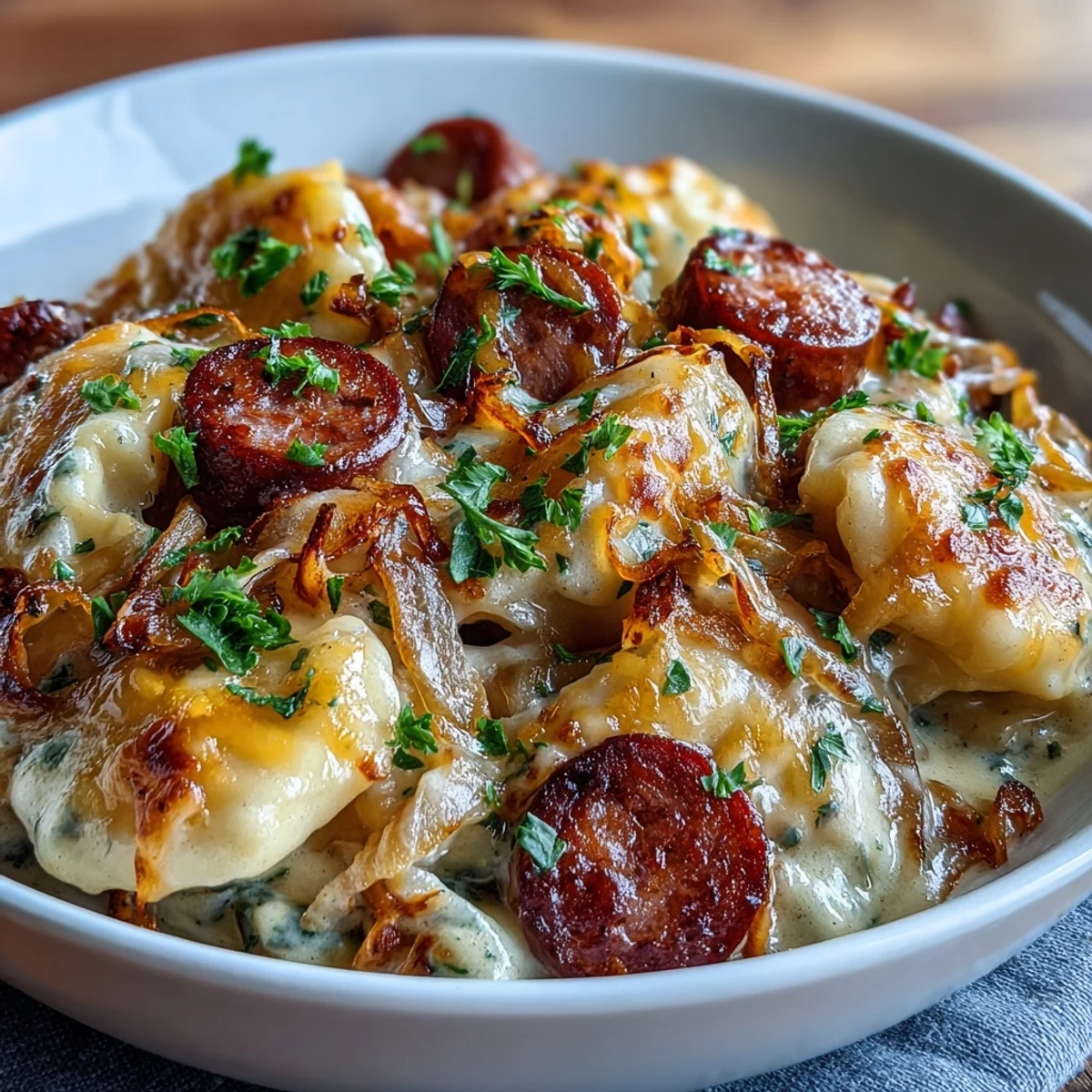 Golden, bubbling cheddar tops this Crockpot Pierogi Casserole With Kielbasa fresh from the slow cooker.