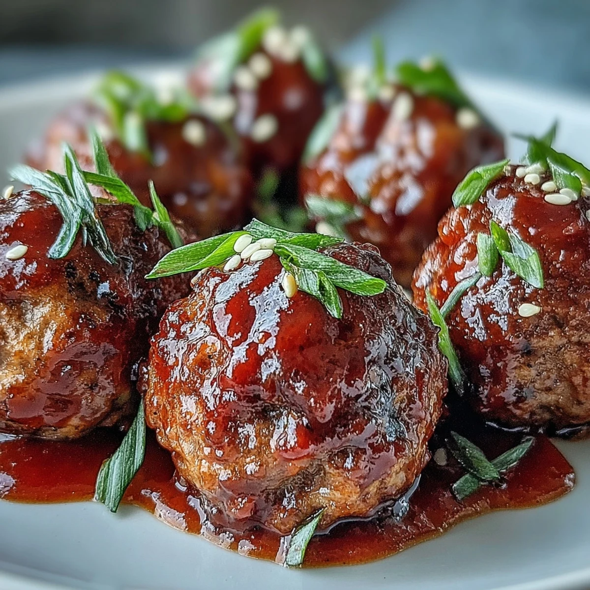 Easy Sweet and Sour Crock Pot Meatballs simmering in a thick, glossy sauce, topped with fresh green onions and sesame seeds for a party appetizer.
