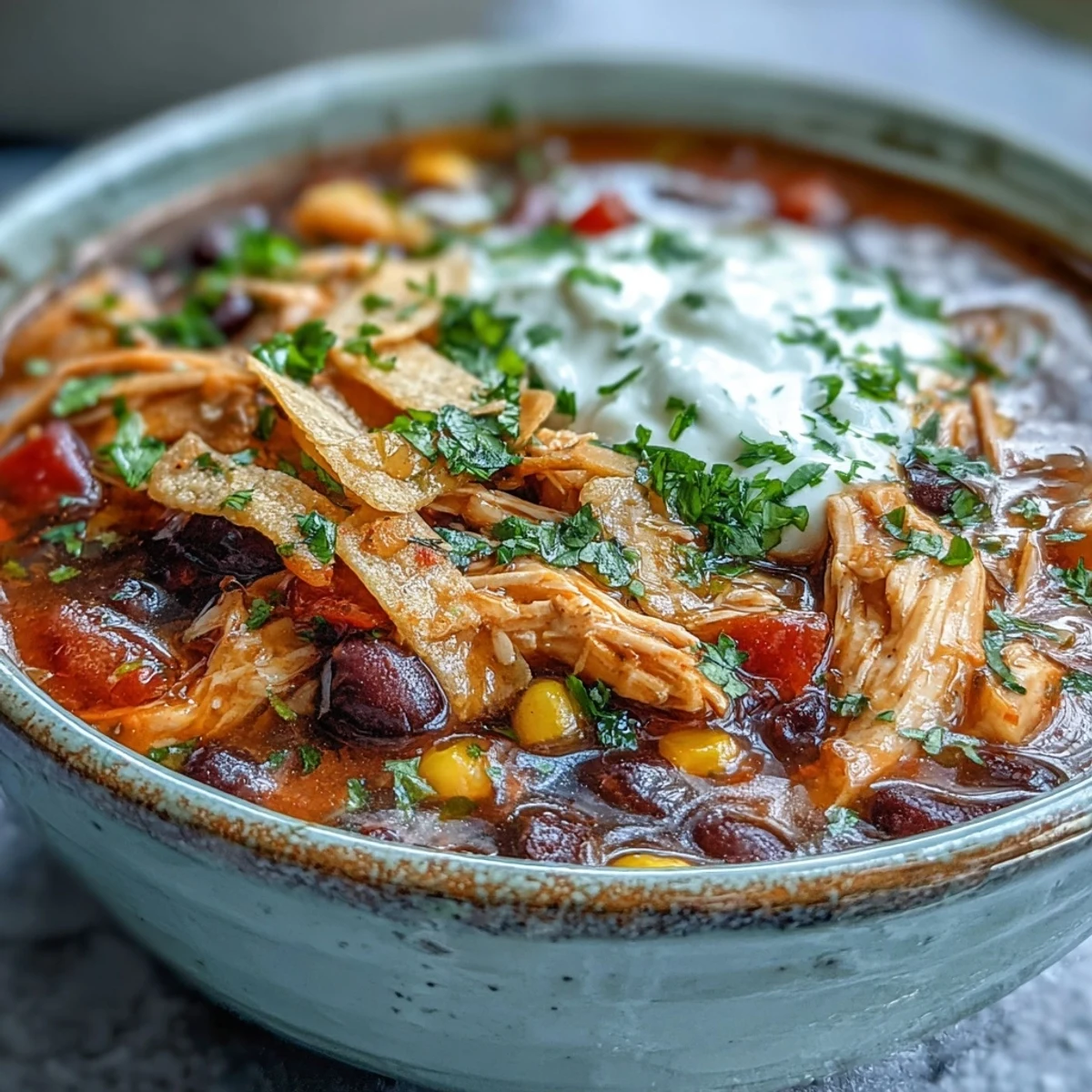 A steaming bowl of Instant Pot Chicken Tortilla Soup topped with avocado, cilantro, and crispy tortilla strips.