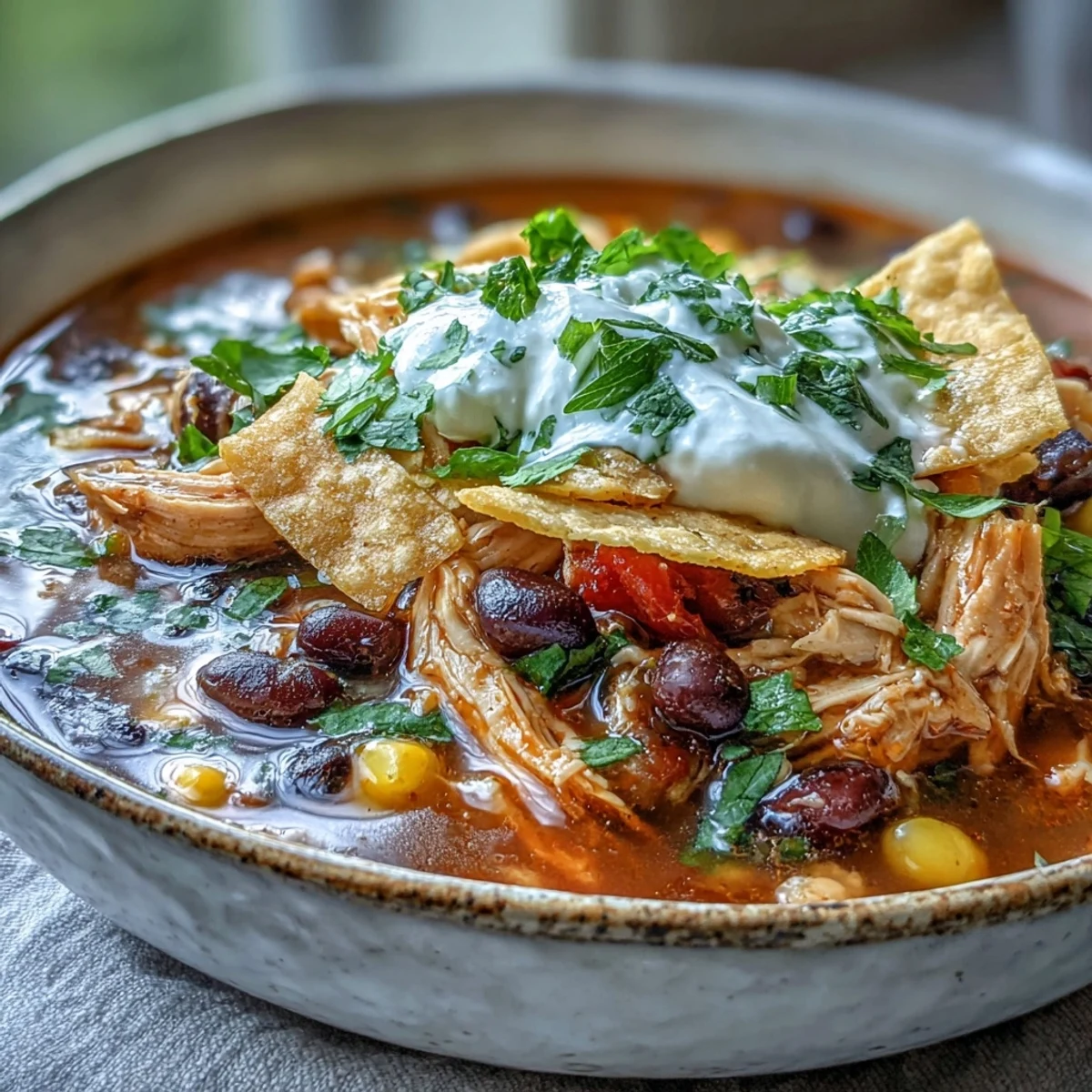 Serving suggestion for Instant Pot Chicken Tortilla Soup with lime wedges and shredded cheese on the side.