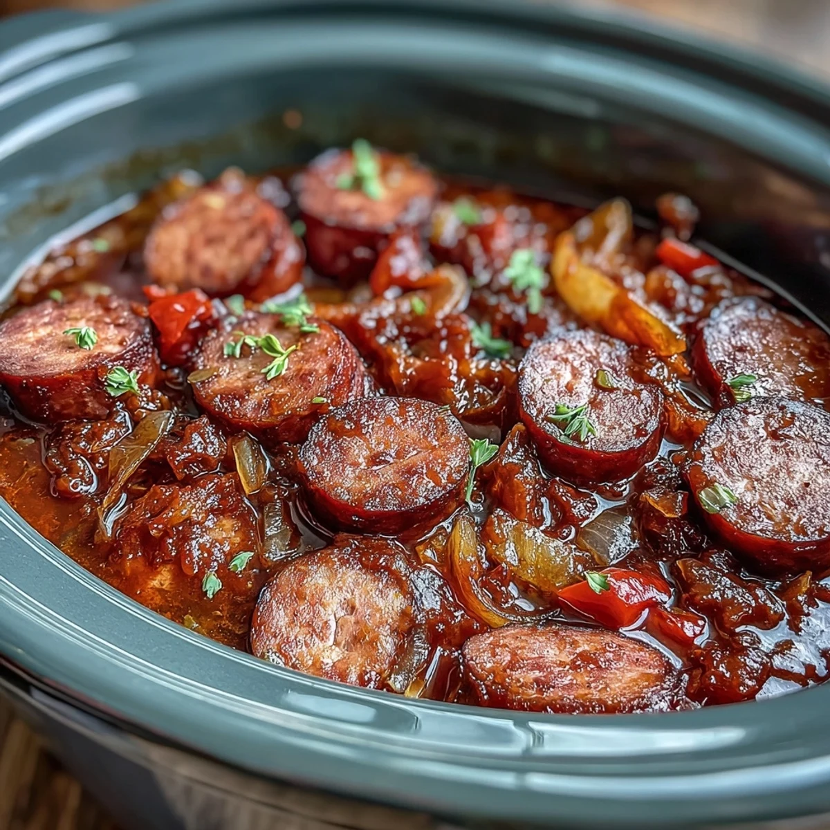 A ladle fills a bowl with Crock Pot BBQ Cocktail Sausage Soup, featuring tender sausages and red bell peppers in a thick, tangy sauce.