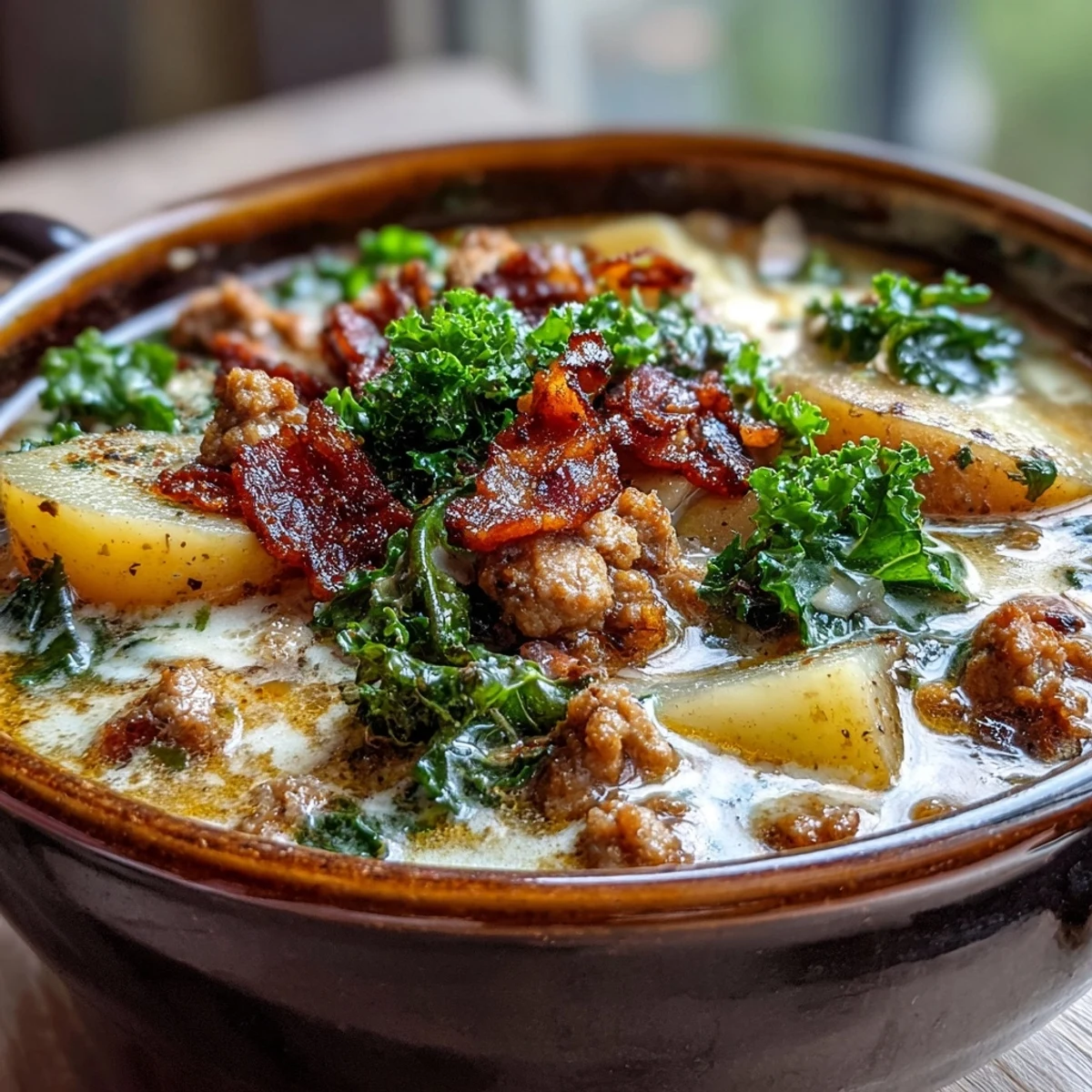 Bowl of creamy Italian Sausage Soup with kale and potatoes, garnished with crispy bacon.