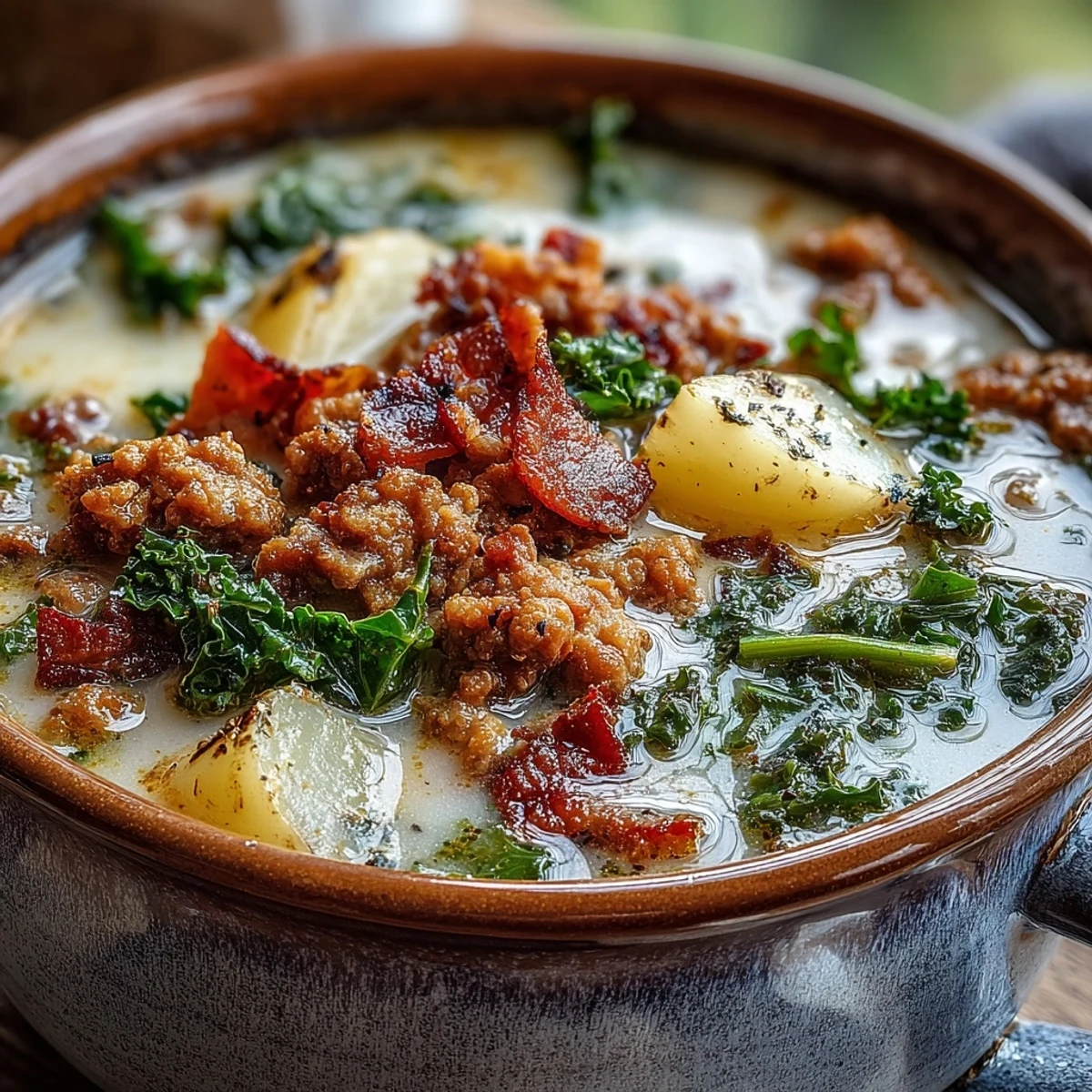 Homemade Italian Sausage Soup with tender kale and creamy broth, perfect for a comforting meal.