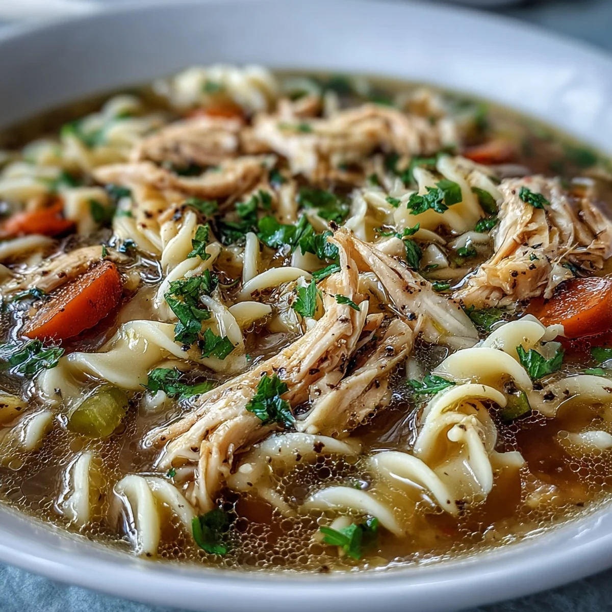 Instant Pot Chicken Noodle Soup steaming in a bowl, with tender chicken, carrots, and herbs in a savory broth.