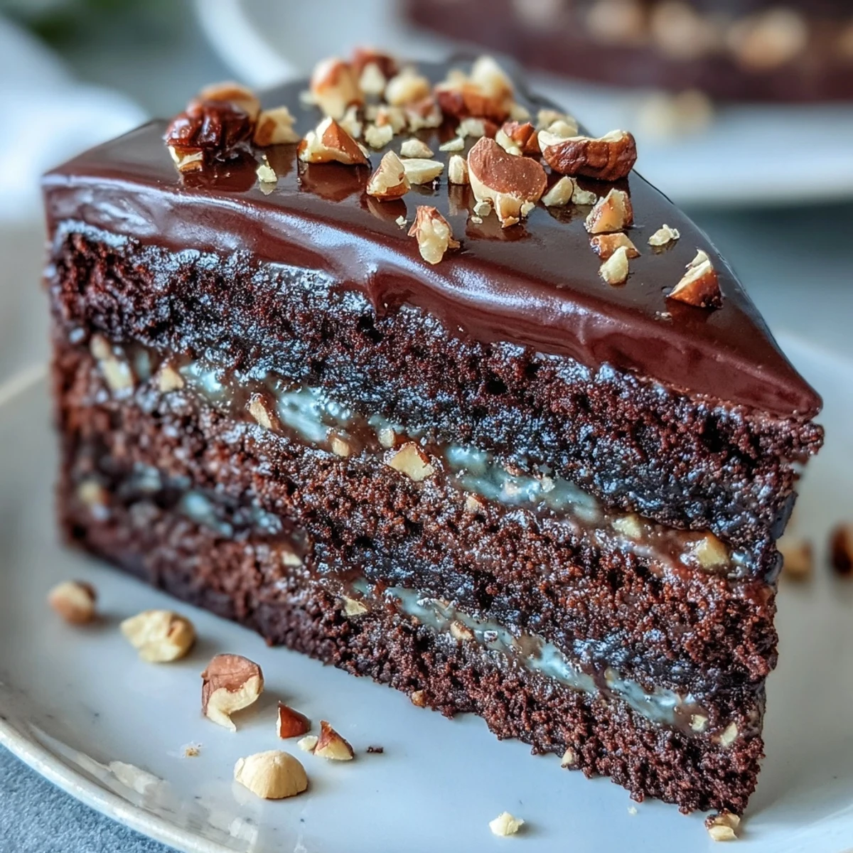 A decadent slice of Chocolate Celebration Cake showcases layered chocolate cake, glossy ganache frosting, and crunchy hazelnut praline pieces.