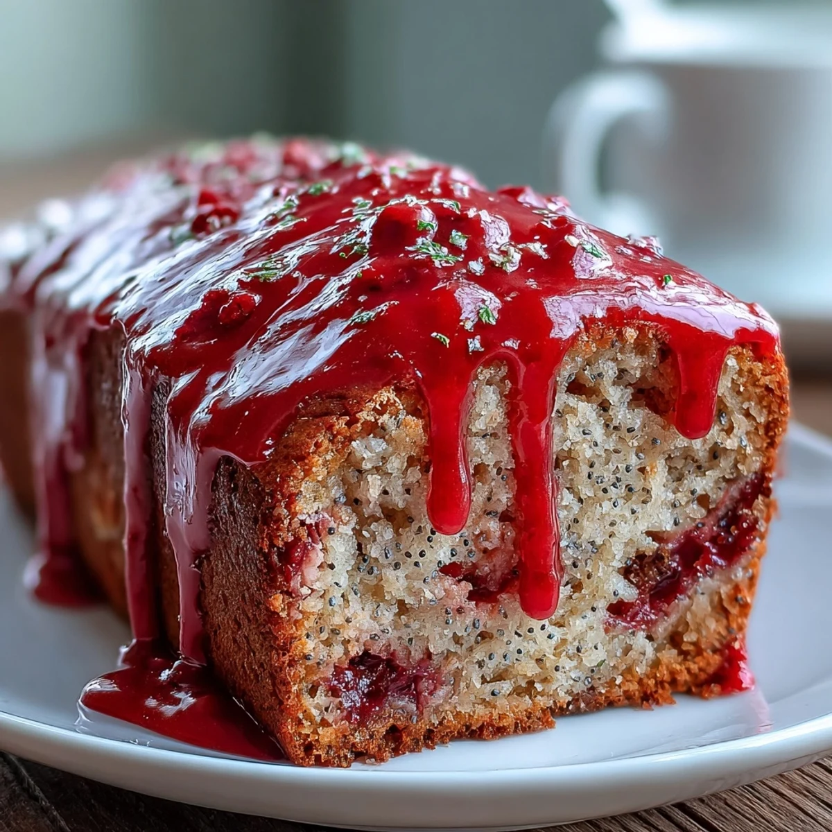 Thick slices of Blood Orange Loaf Cake with Poppy Seeds and Marzipan are served on a white plate, next to a cup of steaming Earl Grey tea.