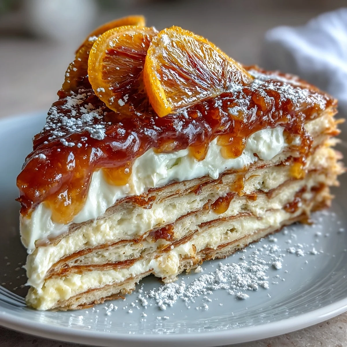 Blood Orange Curd Crêpe Cake is sliced to reveal delicate crêpe layers and tangy citrus filling, garnished with fresh orange slices and edible flowers.