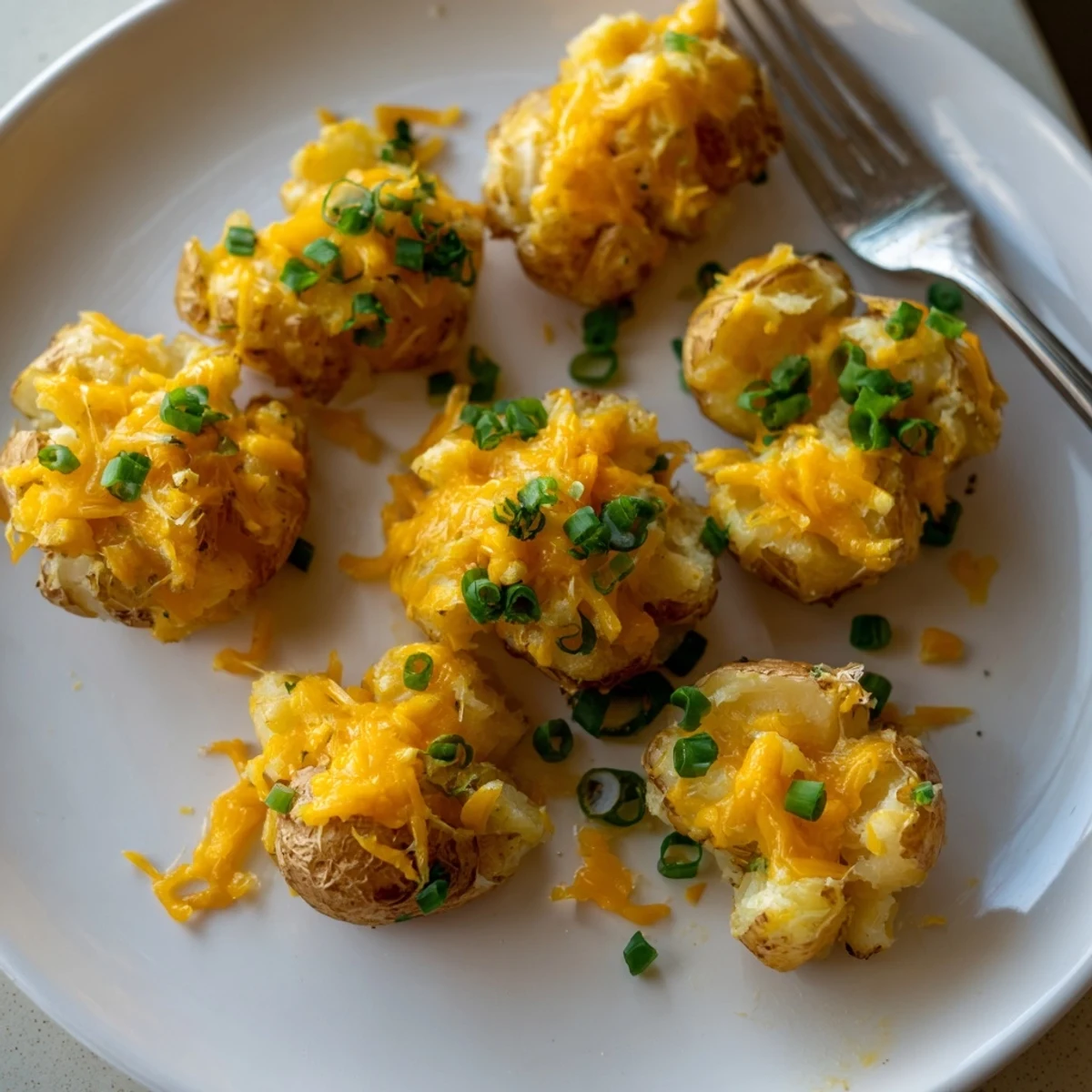 Crispy smashed green onion potato bombs topped with melted cheddar cheese, golden perfection.  