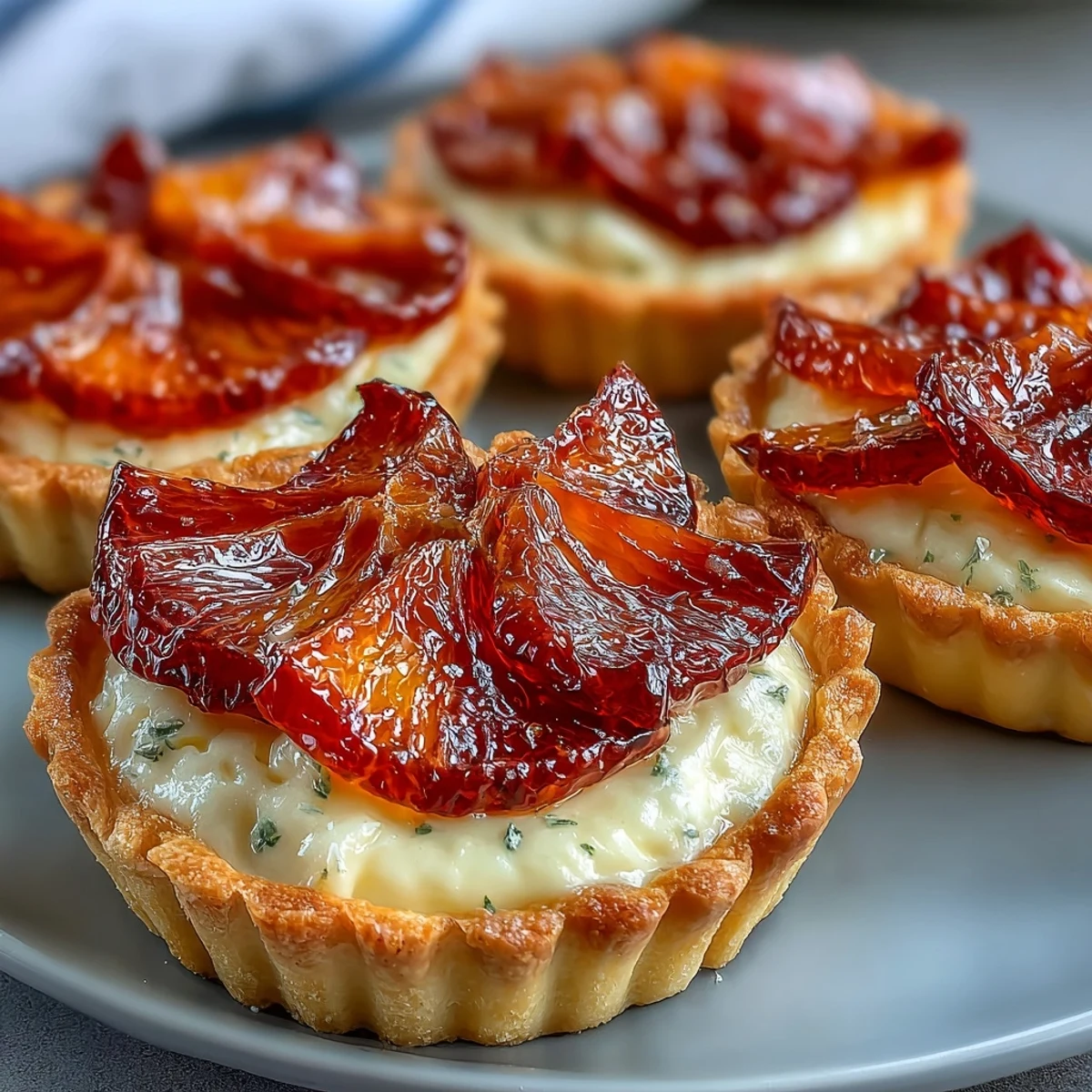 Golden Blood Orange Tarts with silky vanilla custard, fresh citrus slices, and a glossy honey glaze on a rustic table.