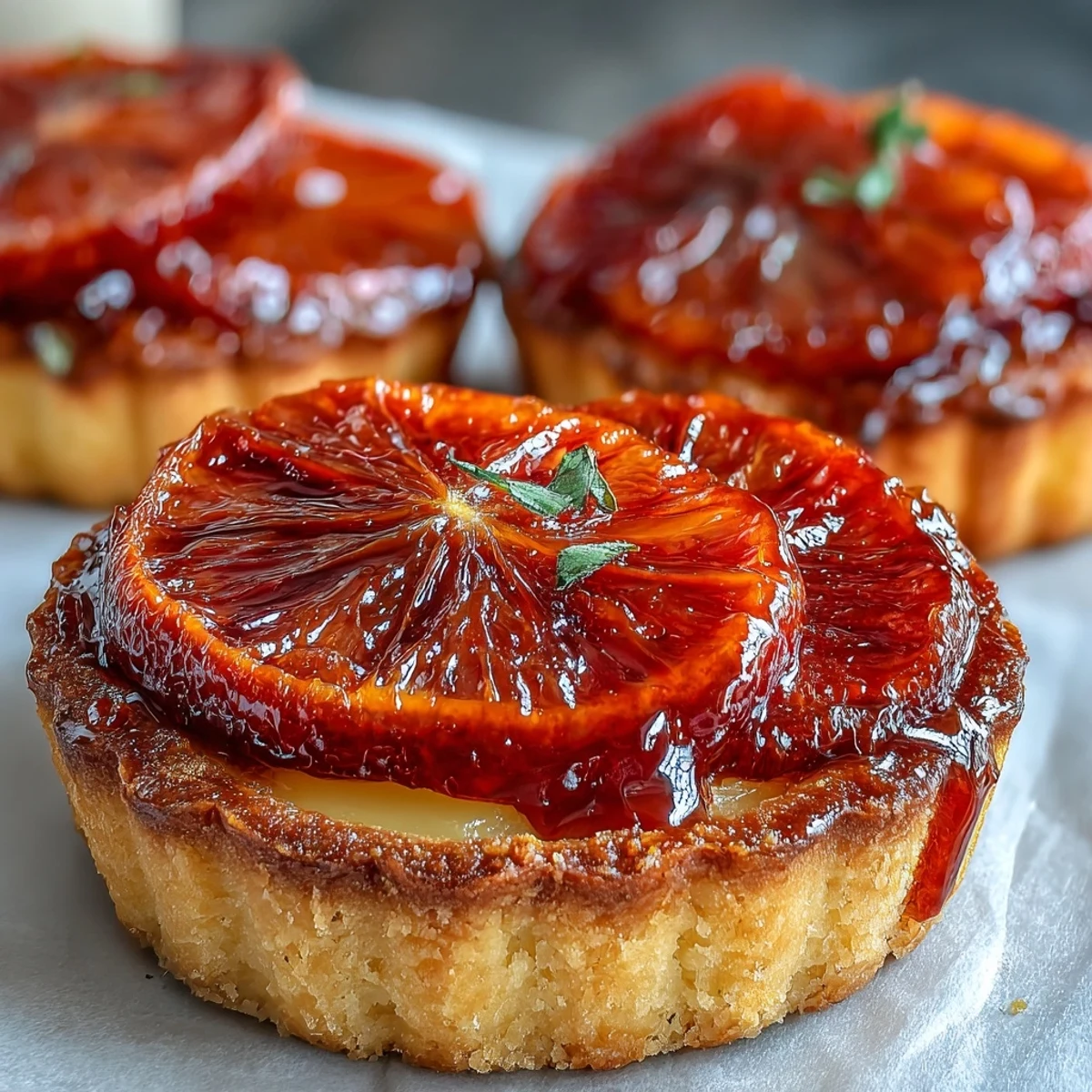 Freshly baked Blood Orange Tarts feature glistening orange rounds on creamy vanilla filling, ready to serve with a dessert wine.