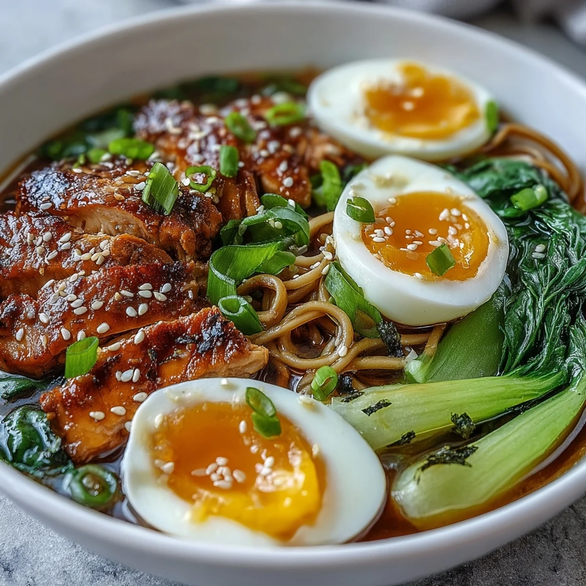 Healthy Miso Chicken Noodle Bowls feature soft-boiled eggs and sesame seeds atop savory noodles and vibrant vegetables.