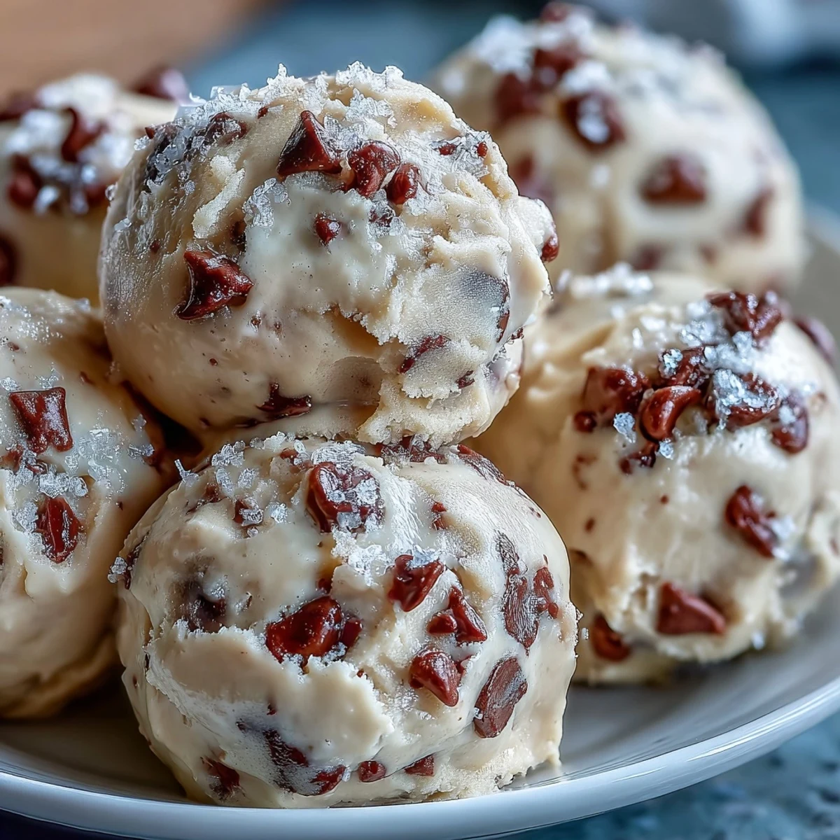 Close-up of creamy Greek Yogurt Cookie Dough with rich chocolate chips in a rustic white bowl.