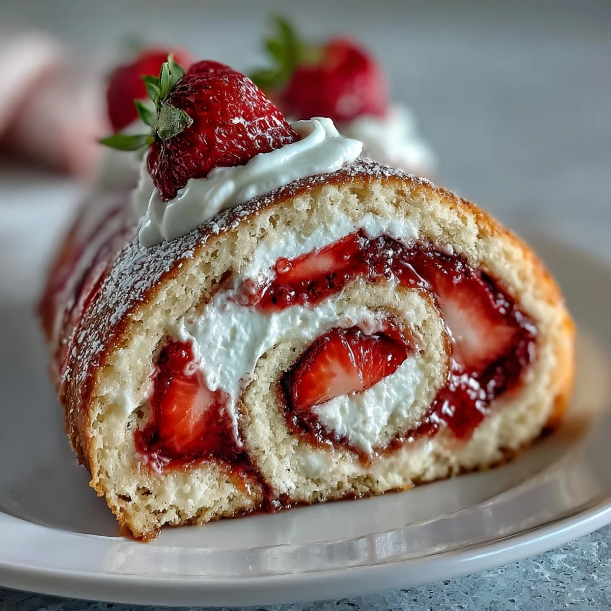A plated slice of Strawberry Shortcake Sushi Roll shows creamy filling and berry pieces inside a thin crepe.
