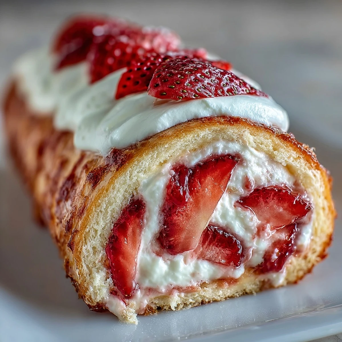 Sliced Strawberry Shortcake Sushi Roll on a white plate, drizzled with white chocolate and fresh mint leaves.