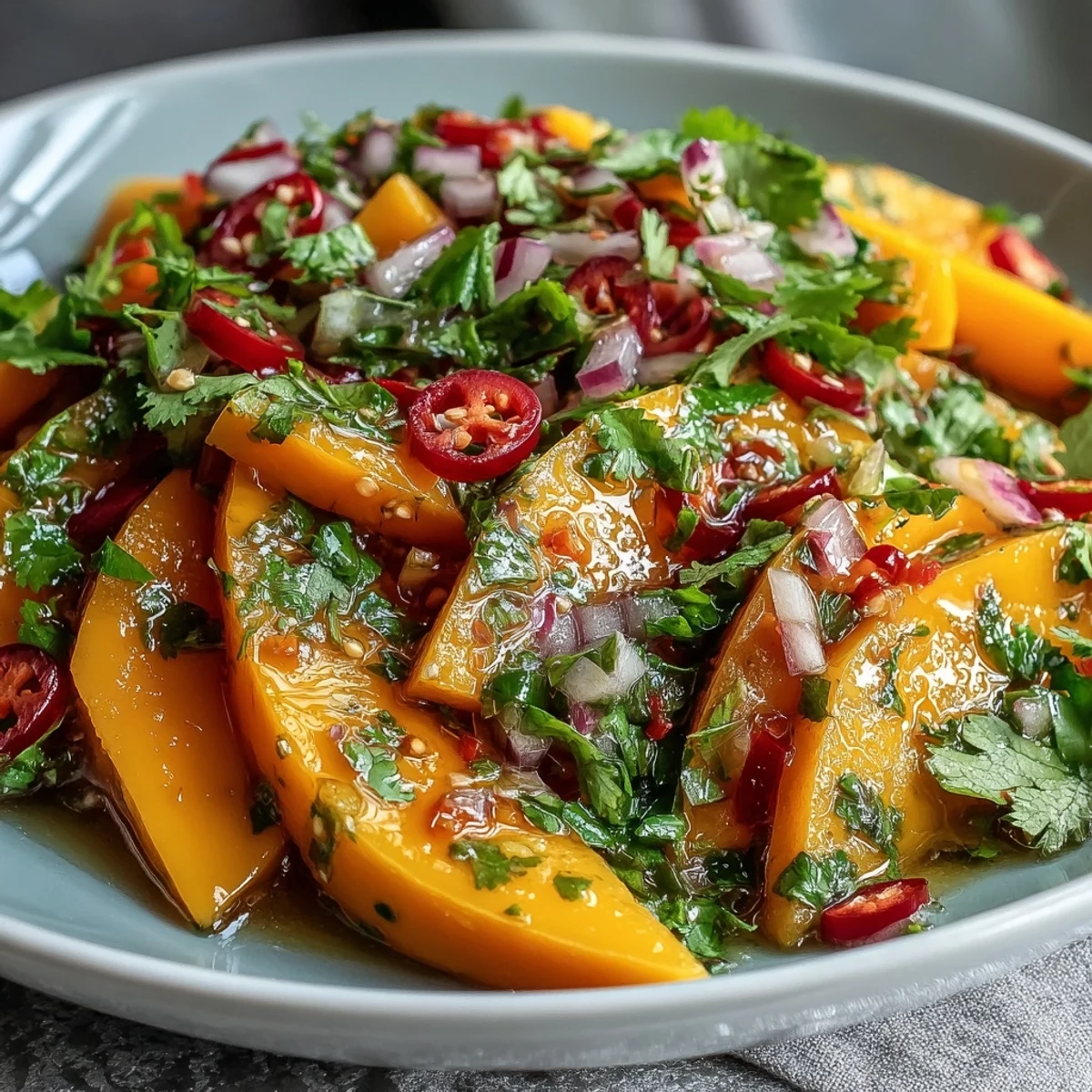 Bright strips of ripe mango, red bell pepper, and cucumber are tossed in a glossy lime-honey dressing flecked with fresh cilantro. A scattering of sliced red onion and optional red chilies adds color and a gentle kick, making this refreshing mango salad with lime dressing perfect for a light lunch.