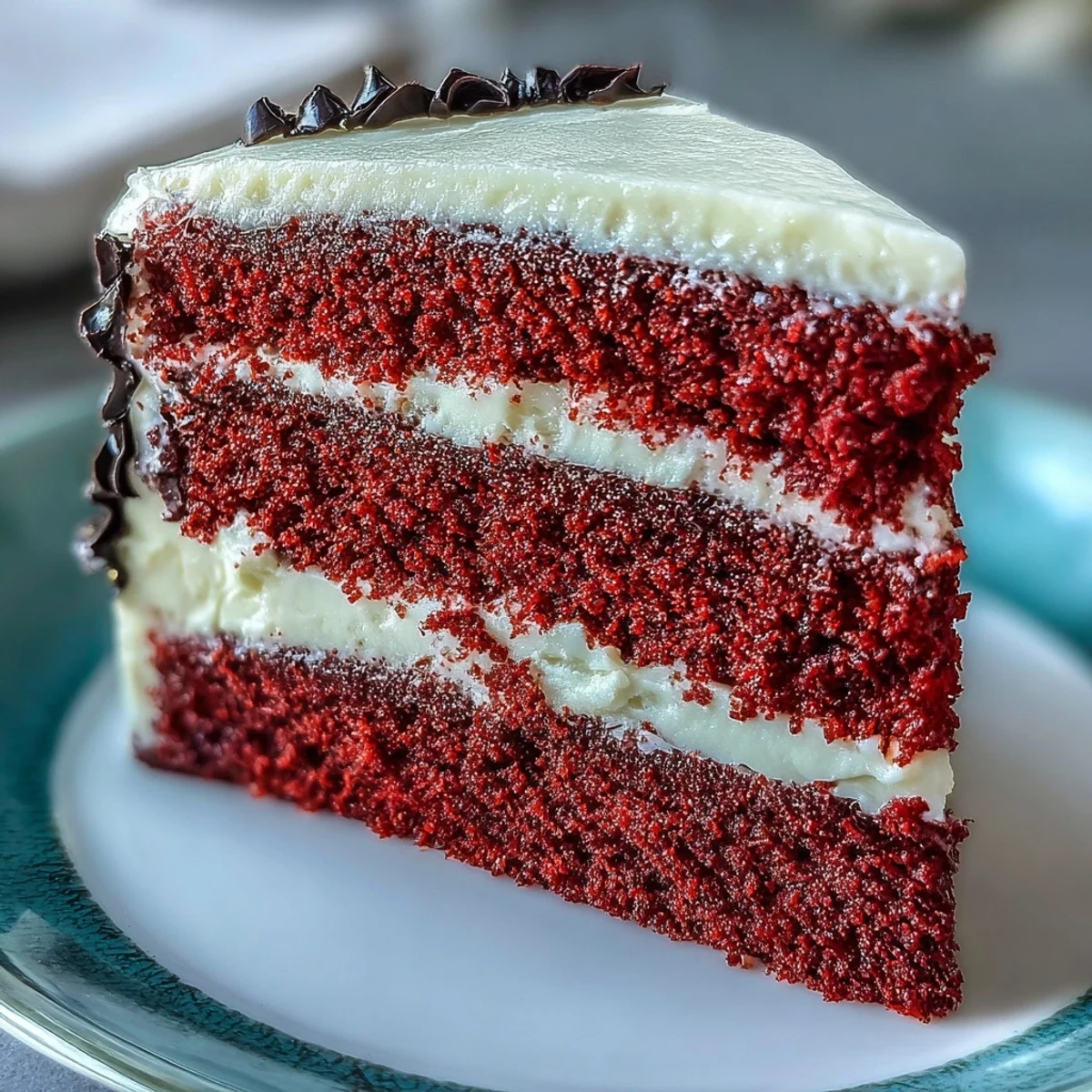 Close-up of a finished Betty Boop Cake with velvety red layers, smooth cream cheese buttercream, and playful black fondant hair. 