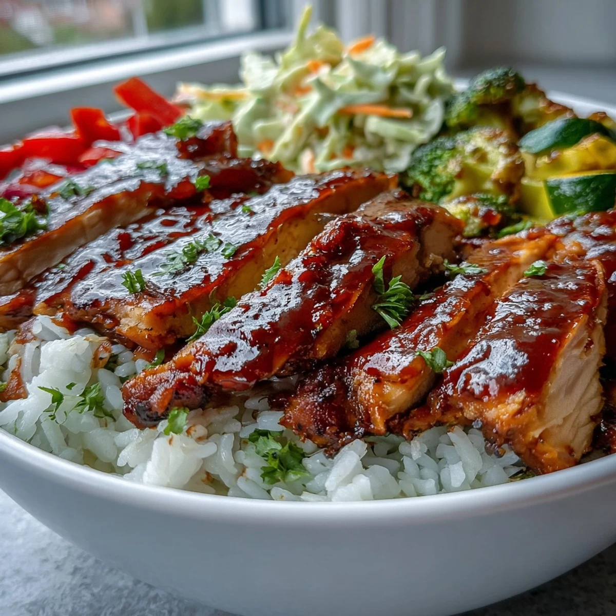 Vibrant BBQ Chicken Bowl with juicy chicken glazed in barbecue sauce, served alongside crisp coleslaw and golden roasted veggies. 