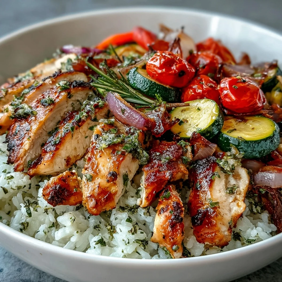 Golden-brown Lemon Herb Roasted Chicken Breast atop fluffy white rice with colorful roasted vegetables.