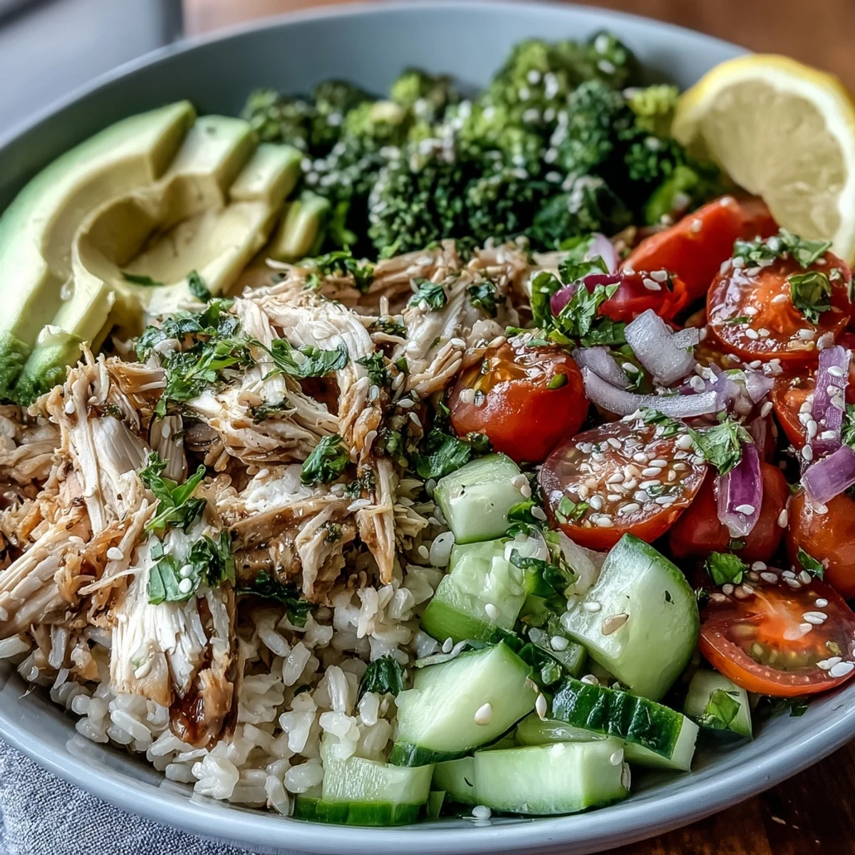 Rotisserie Chicken Bowl with shredded chicken, avocado, and fresh veggies topped with creamy tzatziki sauce.