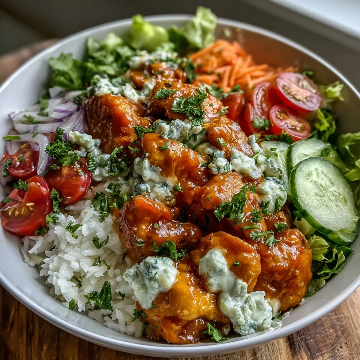 Buffalo Chicken Bowl with tender chicken, crisp romaine, carrots, and cool ranch drizzle.
