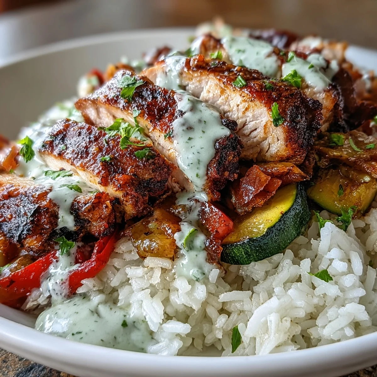A close-up of seasoned blackened chicken slices resting on rice with sautéed veggies and lime crema drizzle.