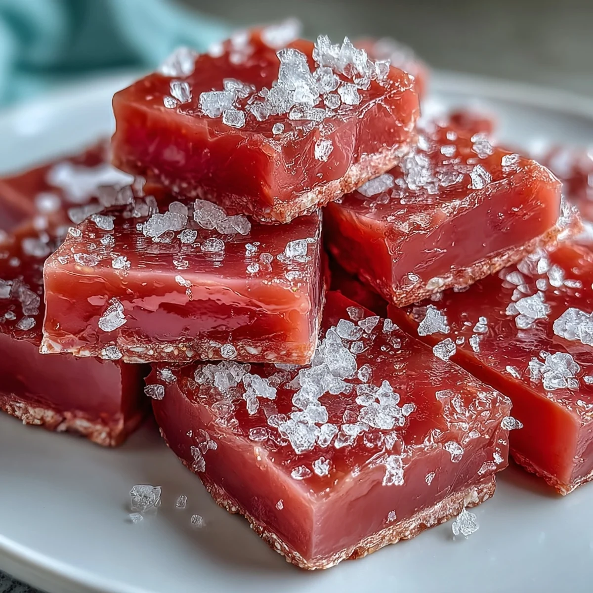 Homemade guava cheese squares dusted with sugar, a glossy, ruby-hued confection with a sweet-tart tropical flavor.