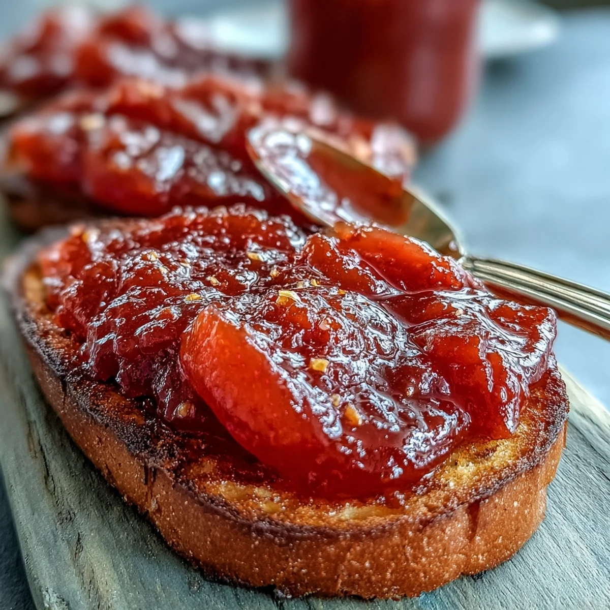 A jar of homemade Guava Preserves with a spoonful of vibrant pink jam on a slice of toast, showcasing its thick, luscious texture.