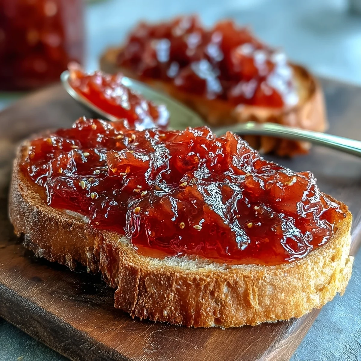 Close-up of Guava Preserves in a glass jar, its aromatic, tropical jam glistening beside a creamy cheese platter for a sweet and savory pairing.