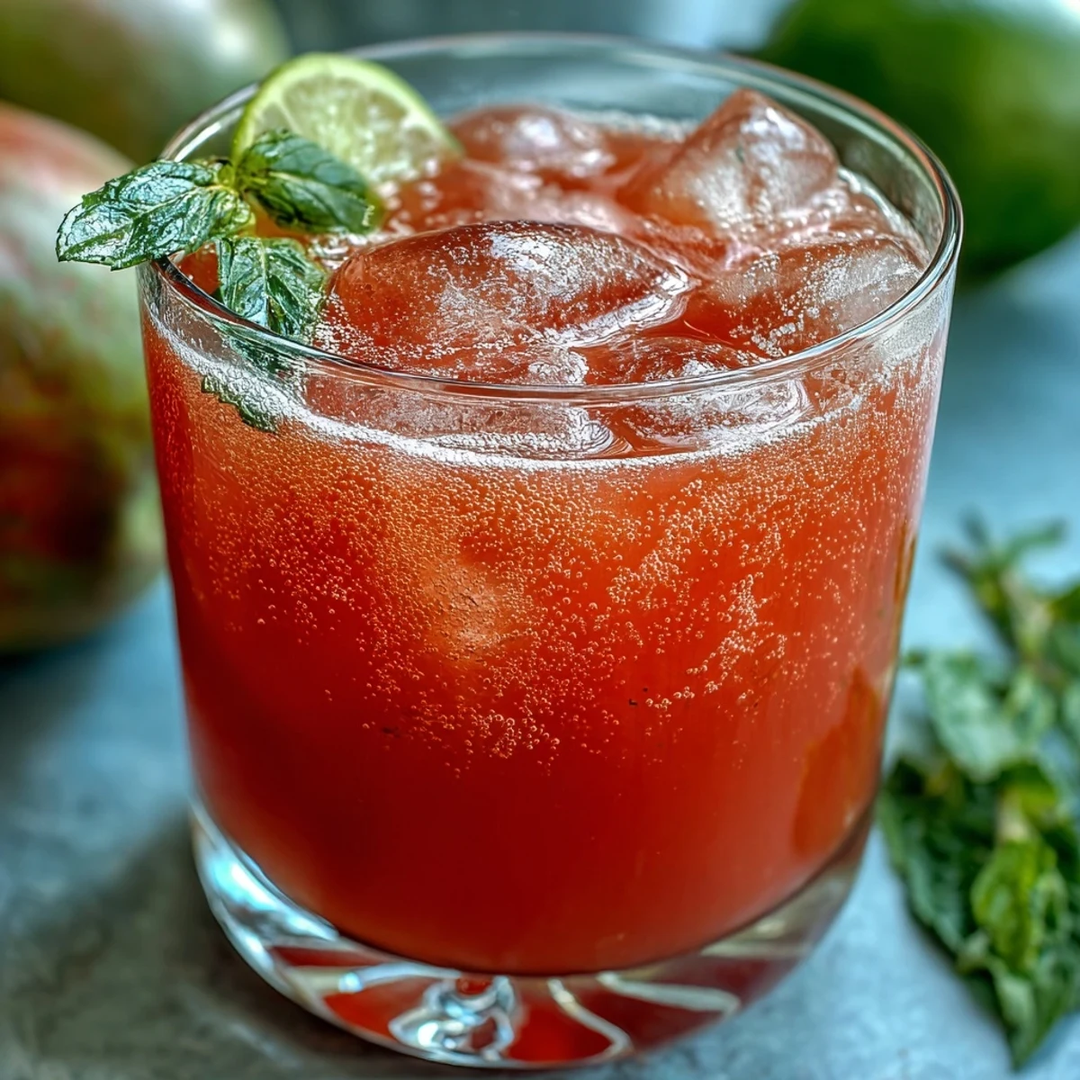 A tall glass of Guava Juice With Sparkling Water, filled with ice, mint, and a vibrant pink-orange hue, perfect for a refreshing summer sip.