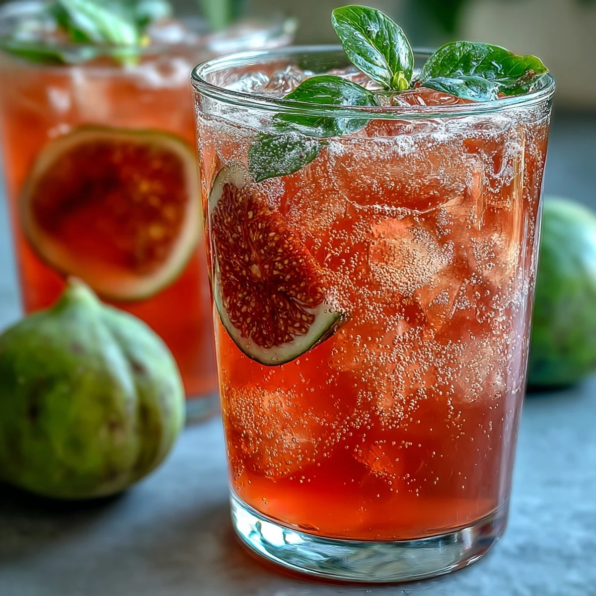 Overhead view of Guava Juice With Sparkling Water in a clear glass, showcasing bubbles rising through sweet guava and fresh mint leaves.