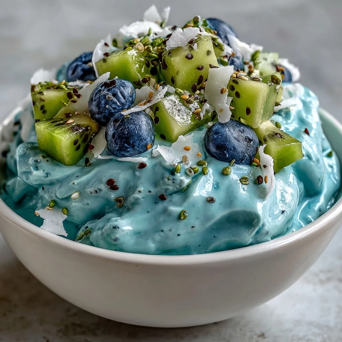 Vibrant Whimsical Healthy Mermaid Smoothie Bowl topped with fresh kiwi, blueberries, and edible flowers.