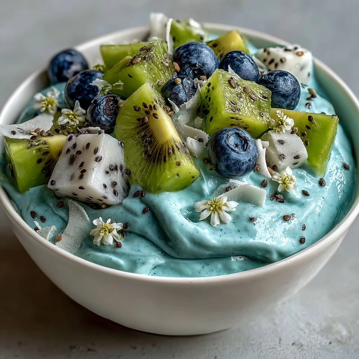 Healthy Mermaid Smoothie Bowl in a blue hue, featuring dragon fruit and coconut flakes, served in a ceramic bowl.