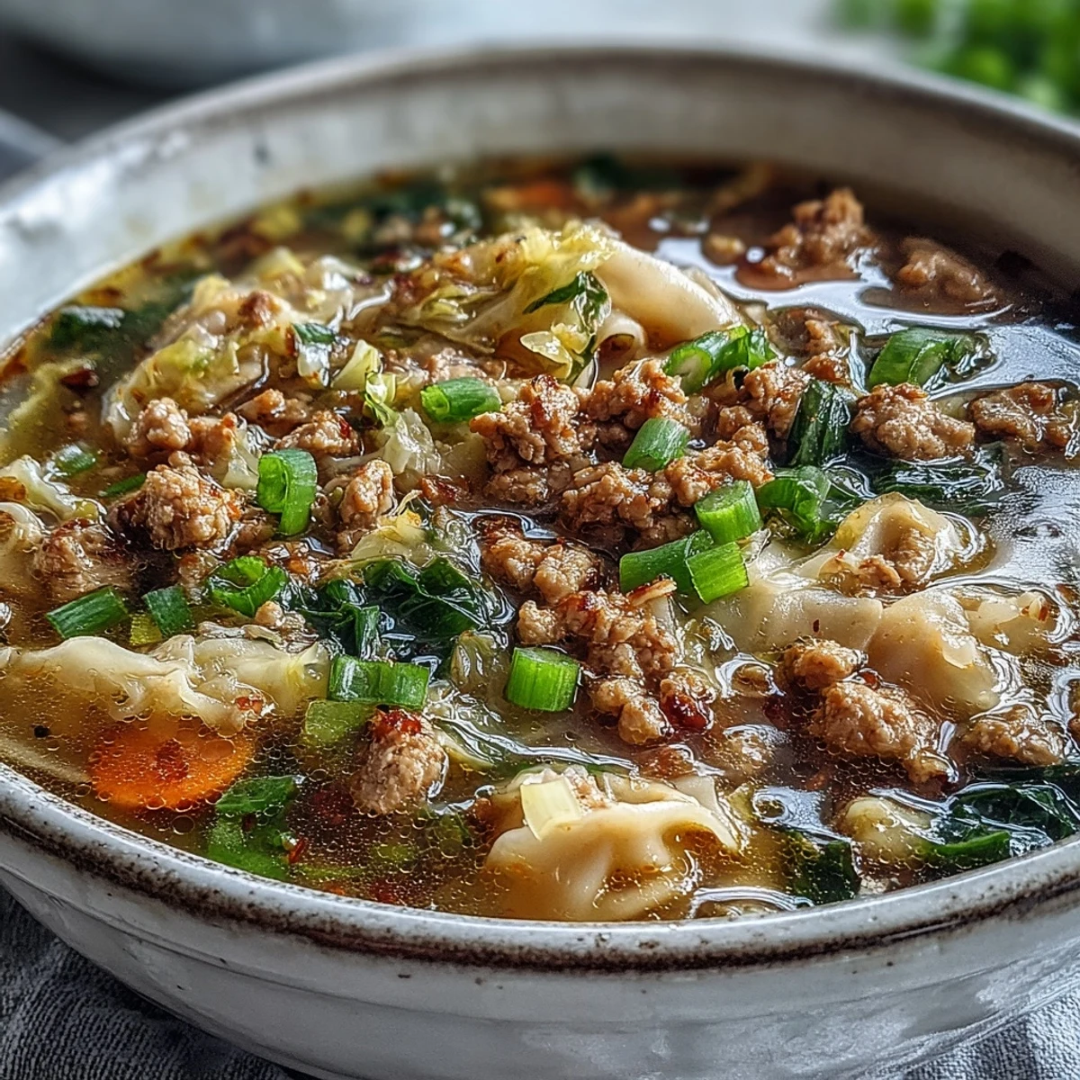 Steaming One-Pot Egg Roll Soup with savory pork, tender cabbage, and fresh green onions in a cozy bowl.