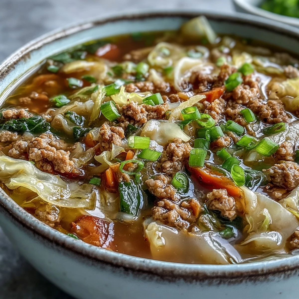 Ground pork and crisp vegetables simmer in an aromatic ginger-broth, topped with a drizzle of egg drop ribbons.