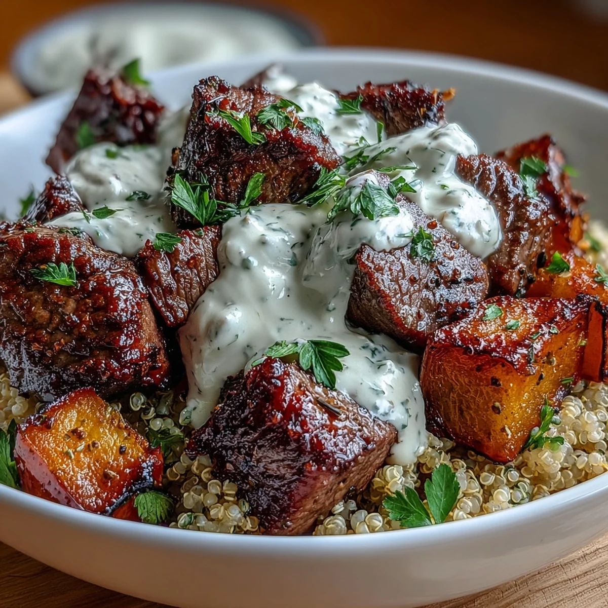 Golden roasted butternut squash and seared steak bites sit atop fluffy quinoa in these Savory Butternut Squash & Garlic Herb Steak Bowls.