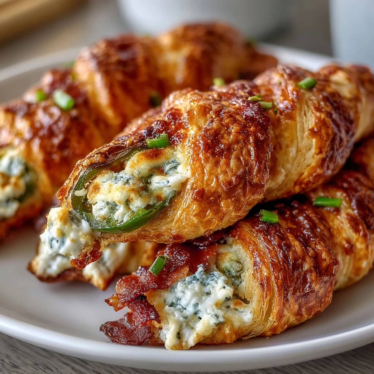 Close-up of Jalapeño Popper Twists revealing melted cheddar and jalapeños inside, with steam rising from the golden crust.