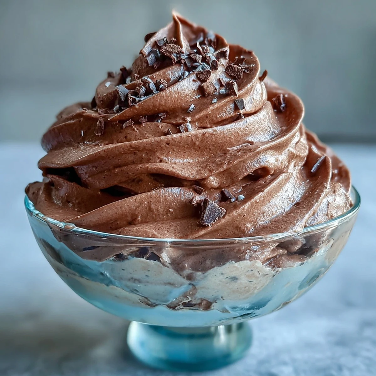 Airy chocolate protein fluff topped with fresh berries in a serving bowl, offering a creamy, guilt-free post-workout dessert.