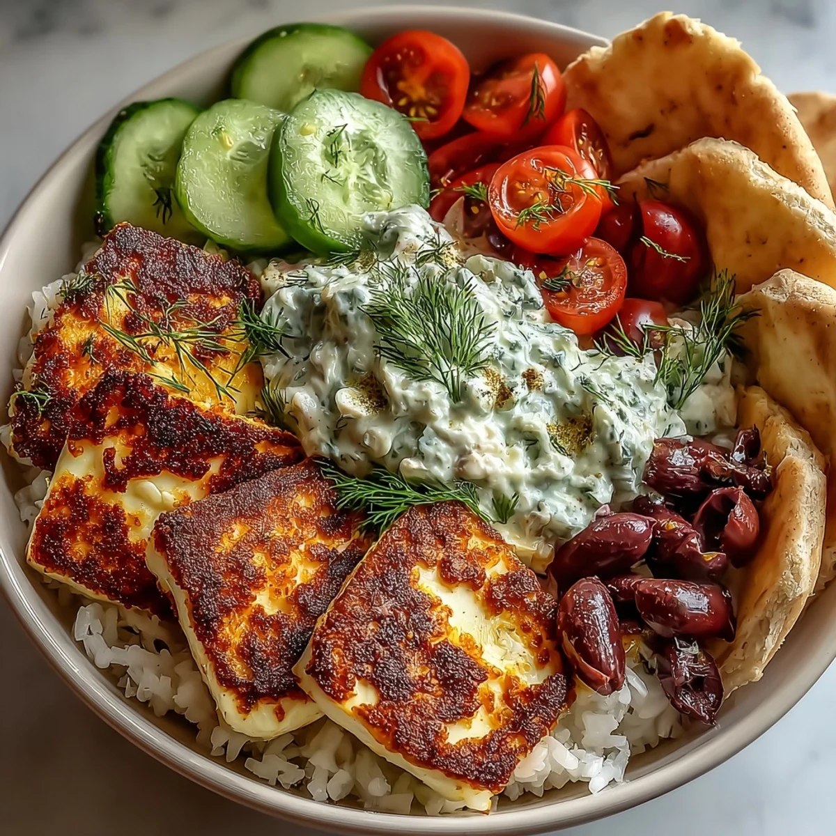 Crispy golden-seared Greek Halloumi Power Bowl with cucumber, tomatoes, and tzatziki on white rice.