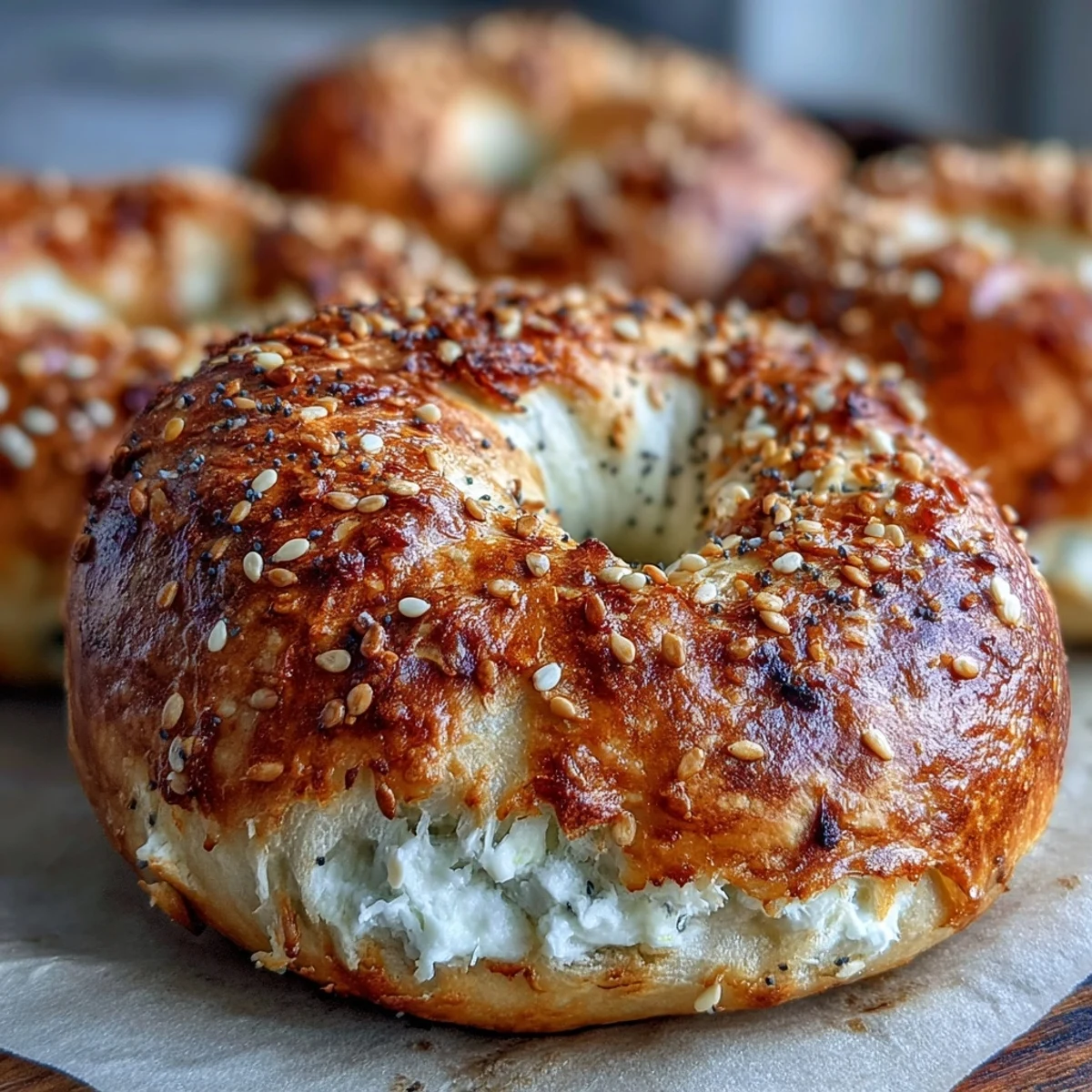 Freshly baked Greek Yogurt Bagels with creamy schmear and sliced avocado, served on a linen napkin for a healthy breakfast.