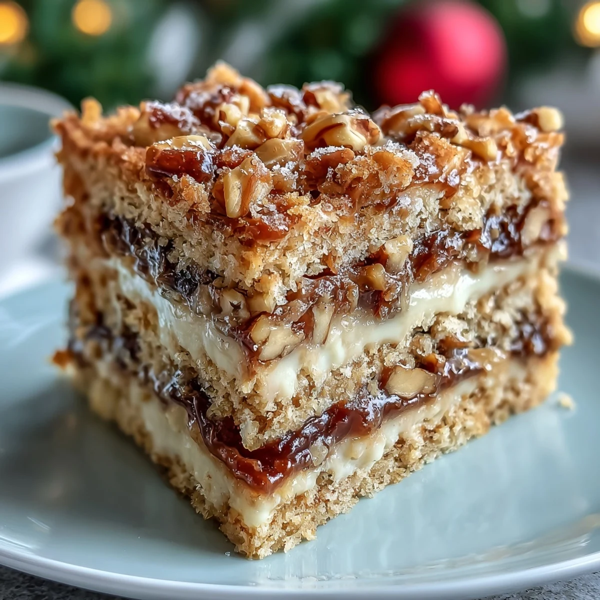 Moist, golden layers of Christmas Toffee Crunch Cake topped with caramel drizzle and crunchy toffee bits for a festive treat.