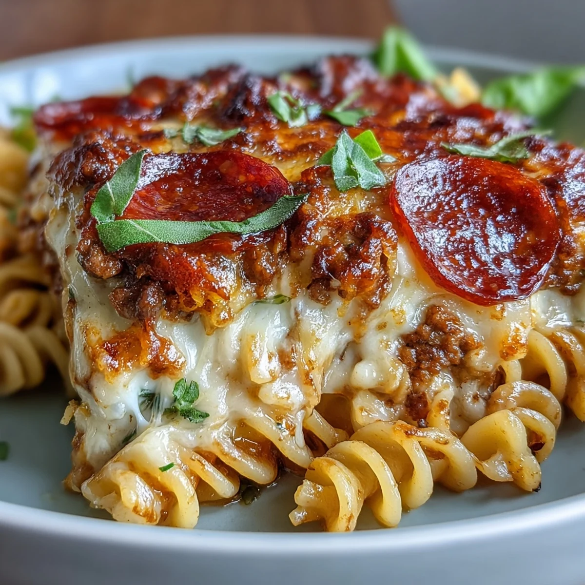 Close-up of creamy High-Protein Pizza Pasta Bake with tender pasta, lean beef, and vibrant red bell peppers.