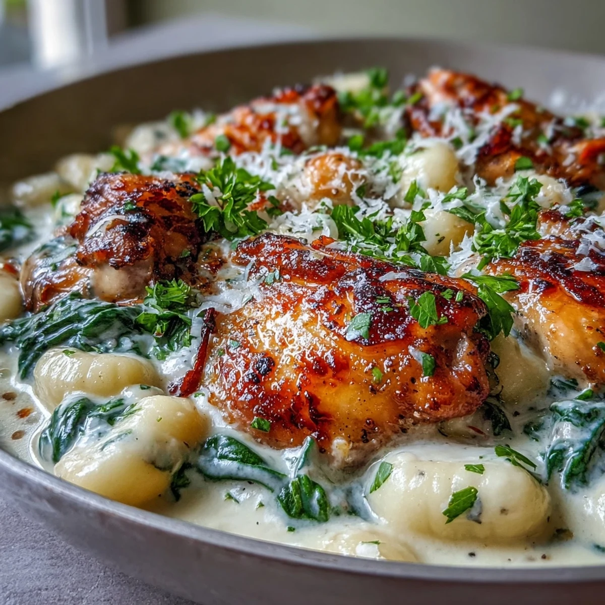 Skillet of One-Pan Creamy Garlic Chicken Gnocchi garnished with fresh parsley, served hot for an easy family dinner.