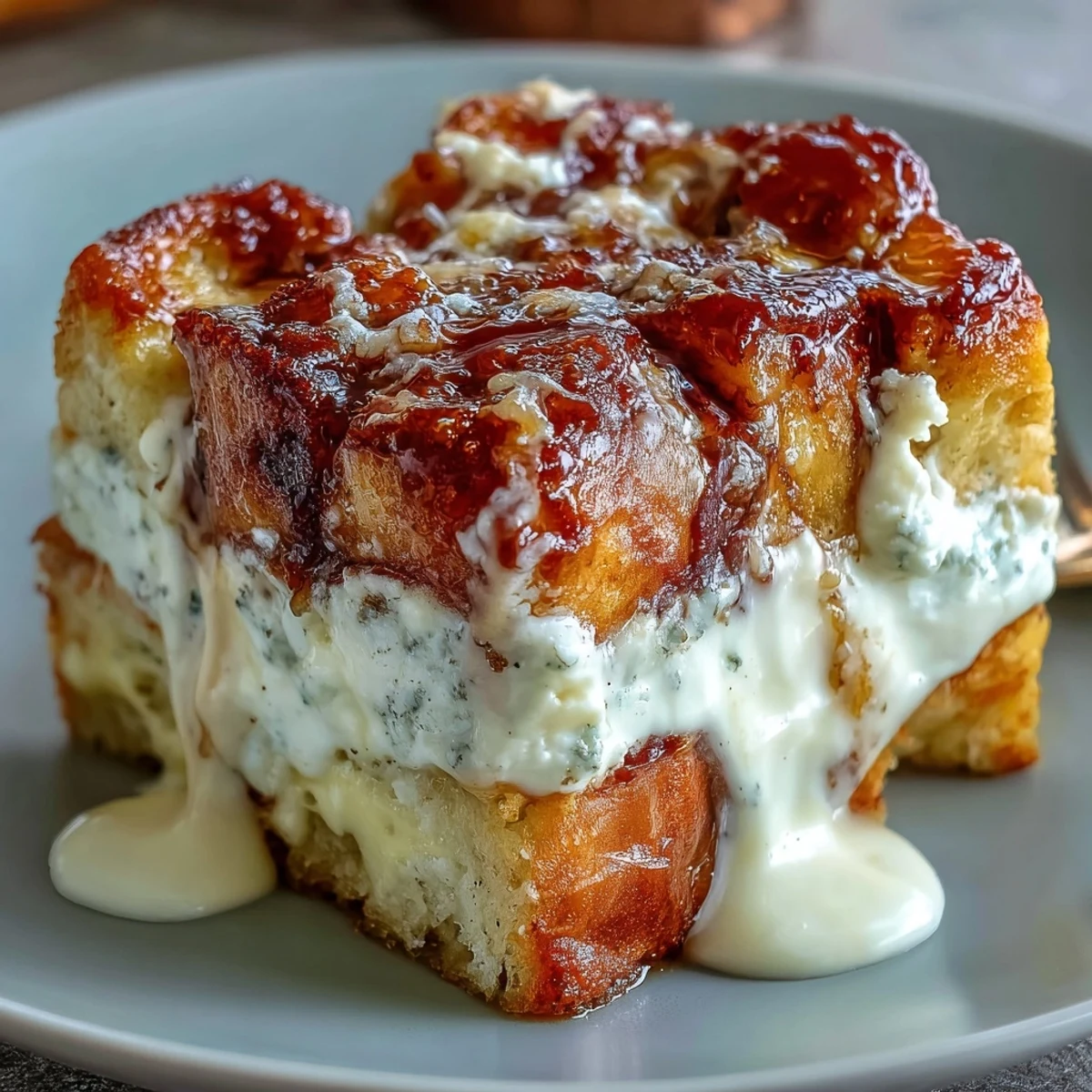 Cream Cheese Swirl Cinnamon Roll French Toast Bake with marbled cheesecake ribbons on rustic wooden table.