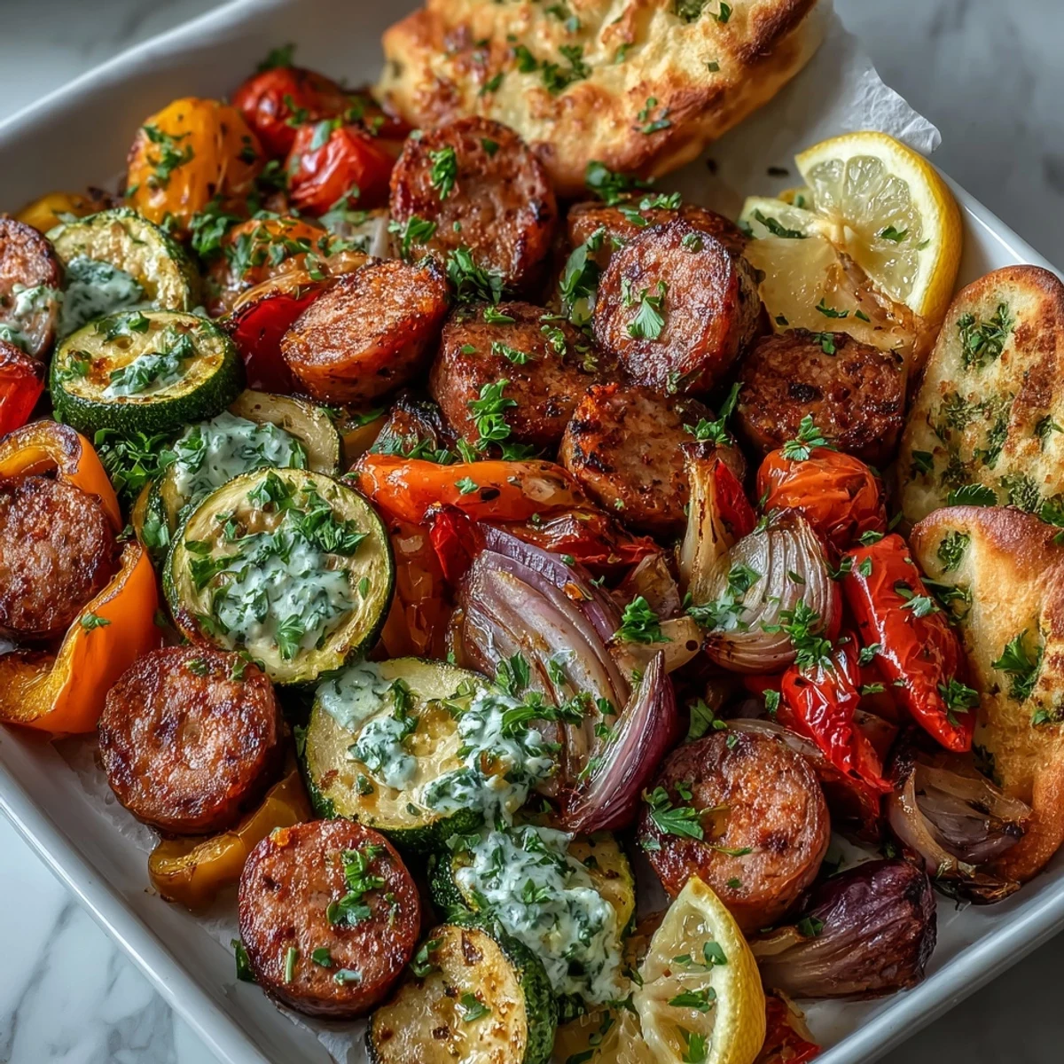 Freshly roasted Smoky Sheet Pan Sausage & Veggies are served with soft naan and lemon wedges for a bright finish.