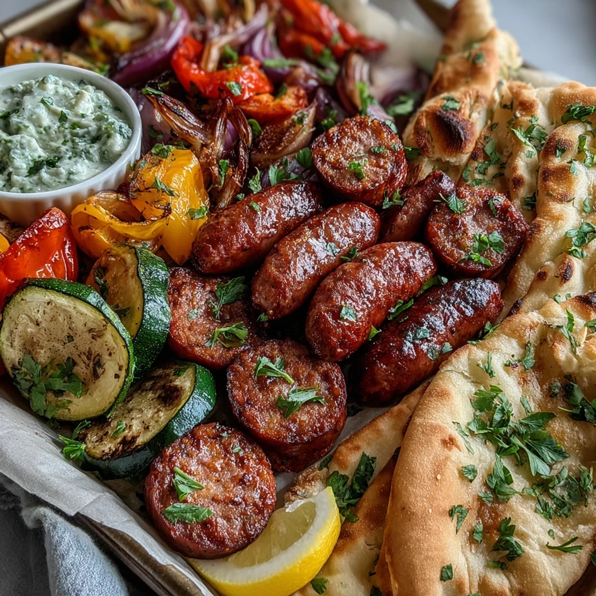 Crispy roasted peppers and onions mingle with smoky sausage in this one-pan Smoky Sheet Pan Sausage & Veggies meal.