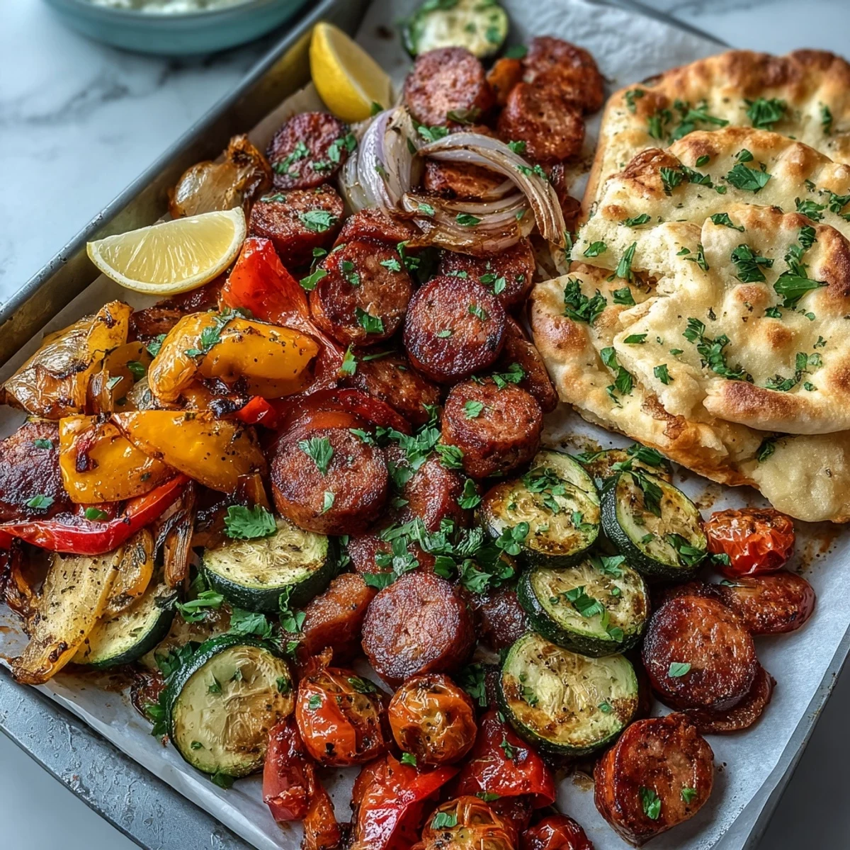 Garlic naan sits alongside charred Smoky Sheet Pan Sausage & Veggies, ready to be dunked into the savory juices.